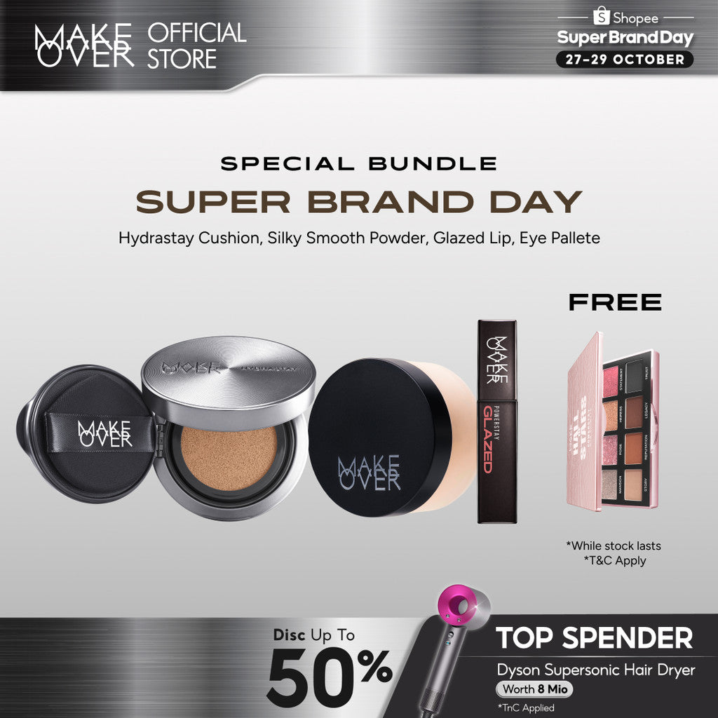 MAKE OVER Seserahan Bundle: Hydrastay Prismatic Glass Cushion + Silky Smooth Translucent Powder + Glazed Lock Lip Pigment FREE Eye Shadow Palette