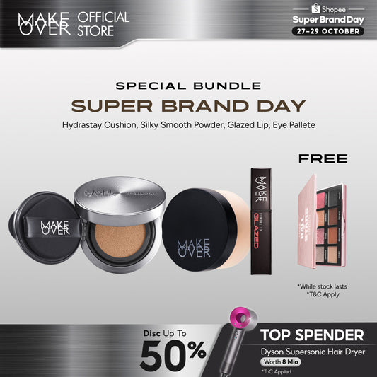 MAKE OVER Seserahan Bundle: Hydrastay Prismatic Glass Cushion + Silky Smooth Translucent Powder + Glazed Lock Lip Pigment FREE Eye Shadow Palette