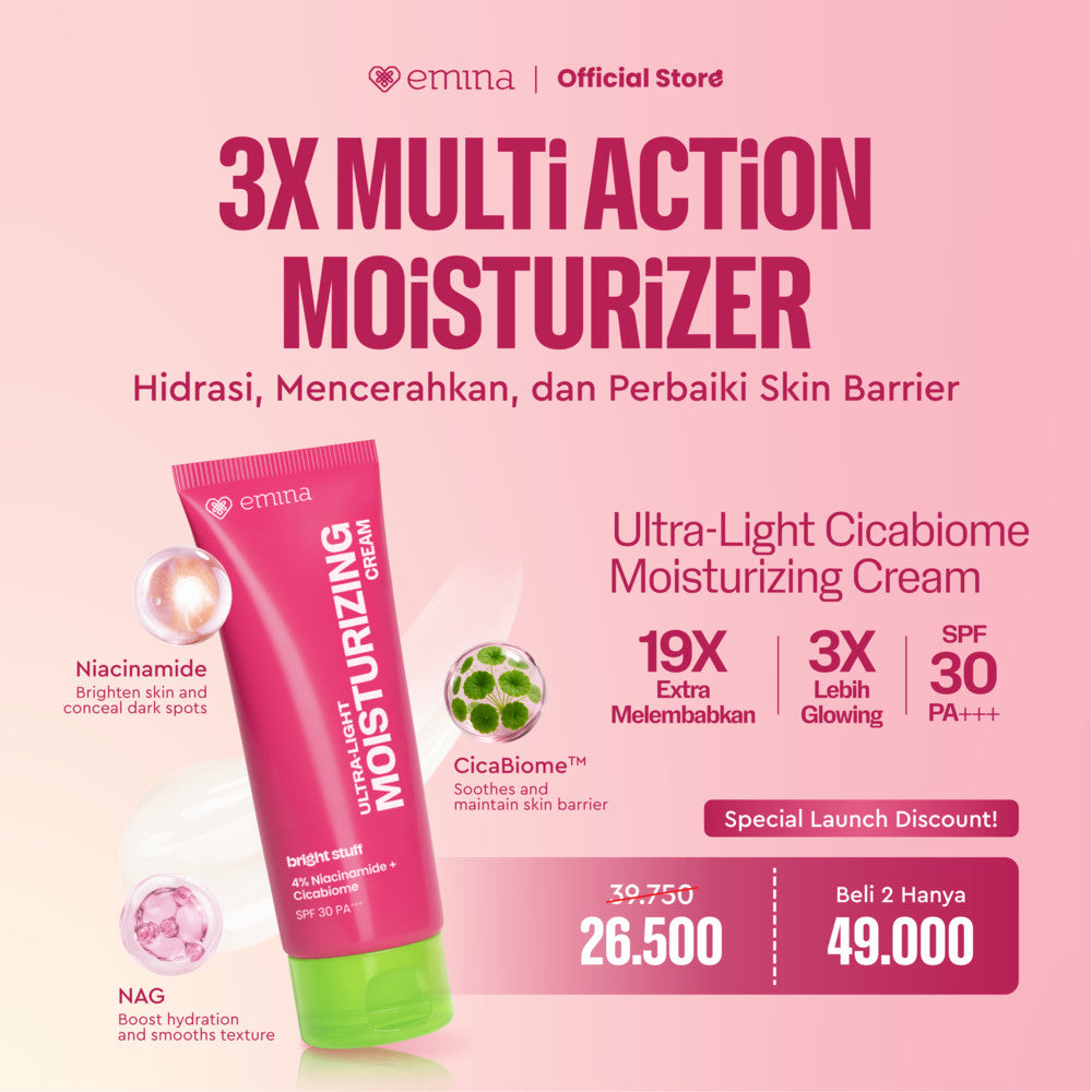NEW! Emina Bright Stuff Ultra-Light Moisturizing Cream 20 ml - Pelembab Wajah Mencerahkan, Mengandung SPF 30 PA+++, Melindungi dari Sinar UV, Melembapkan, Cepat Meresap, Cerah Instan, Menyamarkan Noda Hitam, Cocok untuk Semua Jenis Kulit