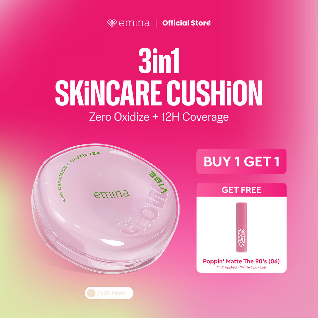 [BUY 1 GET 1] Emina Glow 3in1 Skincare Cushion SPF 50 PA++++ 13 G FREE Poppin Matte | Flawless Lightweight Make Up Foundation Glowing Skin Transferproof Full High Coverage Bedak Waterproof Sweatproof Dewy Moisturizer Non-Comedogenic