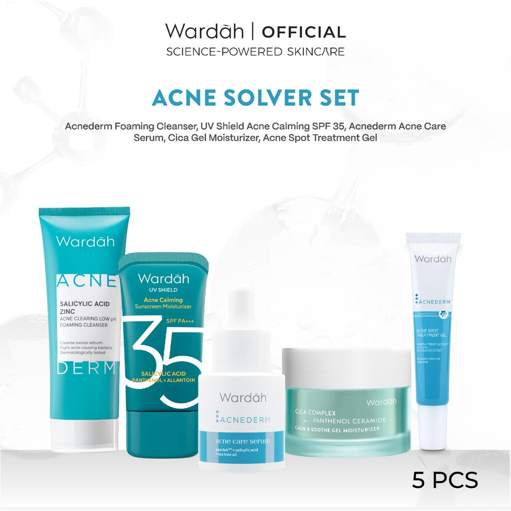 Wardah [5 pcs] Paket Skincare Solusi Masalah Kulit - Face Wash, Moisturizer, Serum, Sunscreen, & Toner (Acnederm, Cica, Panthenol, UV Shield, Amino Facial Wash, Airy, Crystal Secret, Lightening)