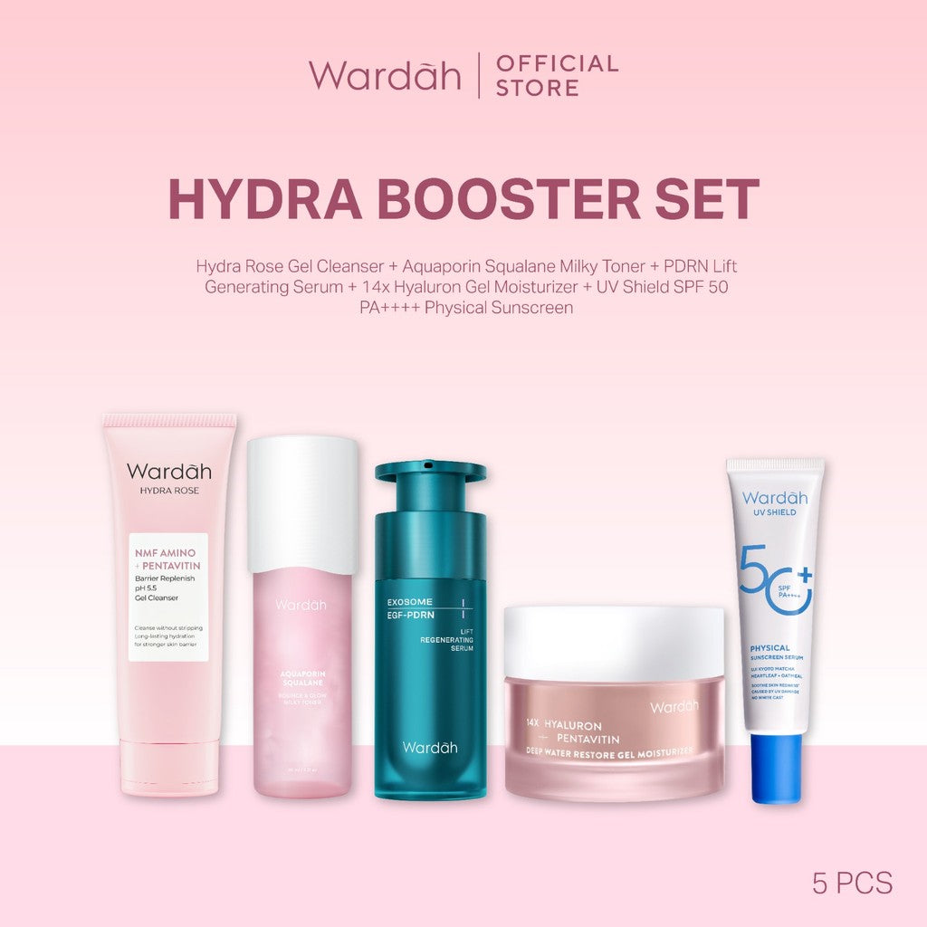Wardah [5 pcs] Paket Skincare Solusi Masalah Kulit - Face Wash, Moisturizer, Serum, Sunscreen, & Toner (Acnederm, Cica, Panthenol, UV Shield, Amino Facial Wash, Airy, Crystal Secret, Lightening)
