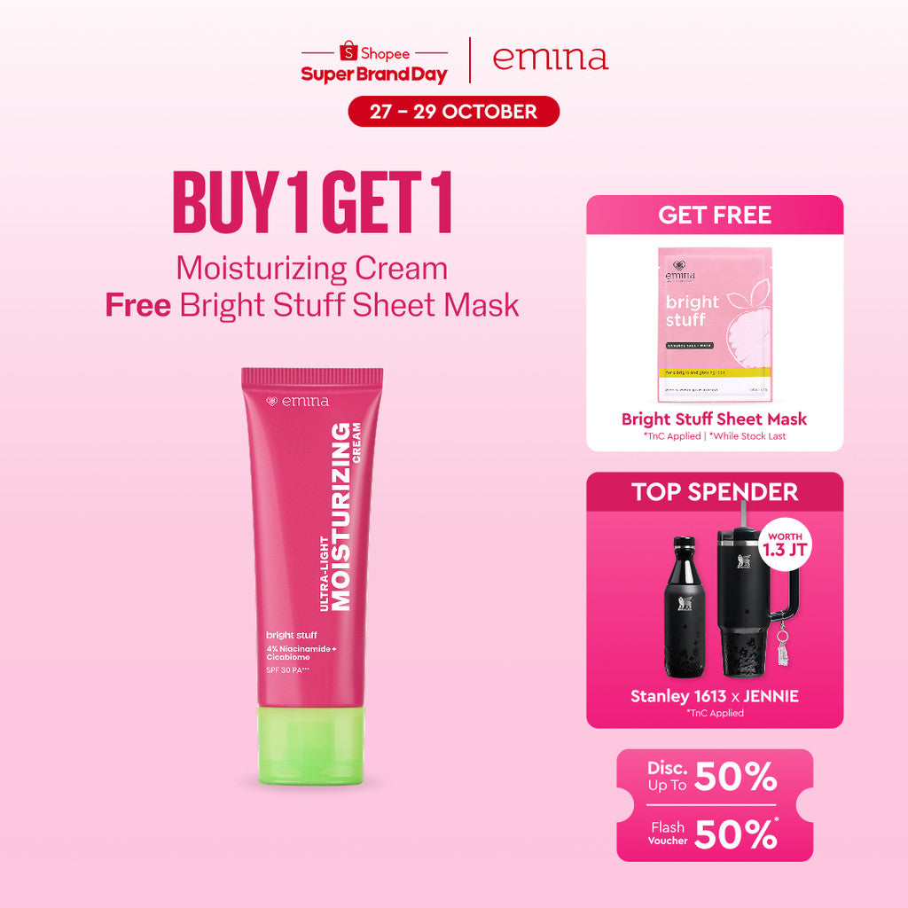 [BUY 1 GET 1] NEW! Emina Bright Stuff Ultra-Light Moisturizing Cream 20 ml FREE Sheetmask - Pelembab Wajah Mencerahkan, Mengandung SPF 30 PA+++, Melindungi dari Sinar UV, Cerah Instan, Menyamarkan Noda Hitam, Cocok untuk Semua Jenis Kulit