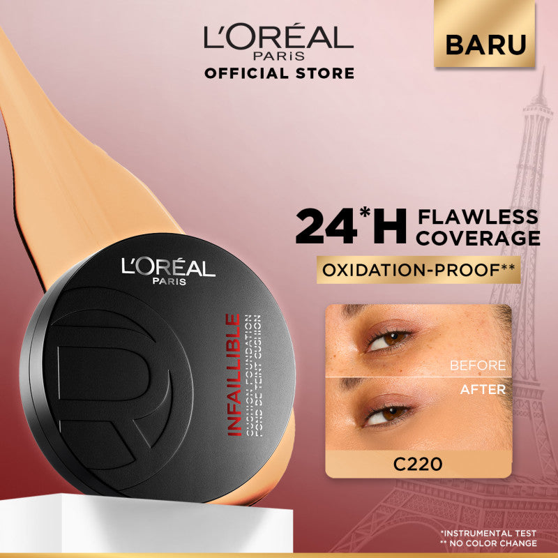 [BARU!] L'Oreal Paris Infaillible Cushion Foundation 24H - flawless coverage,  Cushion dengan hasil yang nyaman tersedia dalam 10 shades cocok untuk kulit indonesia.