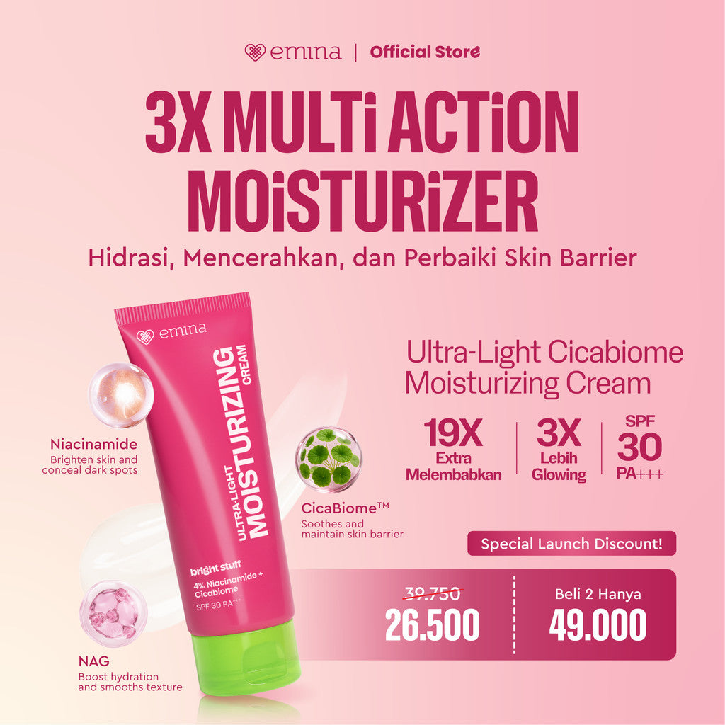 NEW! [Twin Pack] Emina Bright Stuff Ultra-Light Moisturizing Cream 20 ml - Pelembab Wajah Mencerahkan, Mengandung SPF 30 PA+++, Melindungi dari Sinar UV, Melembapkan, Cepat Meresap, Cerah Instan, Menyamarkan Noda Hitam, Cocok untuk Semua Jenis Kulit