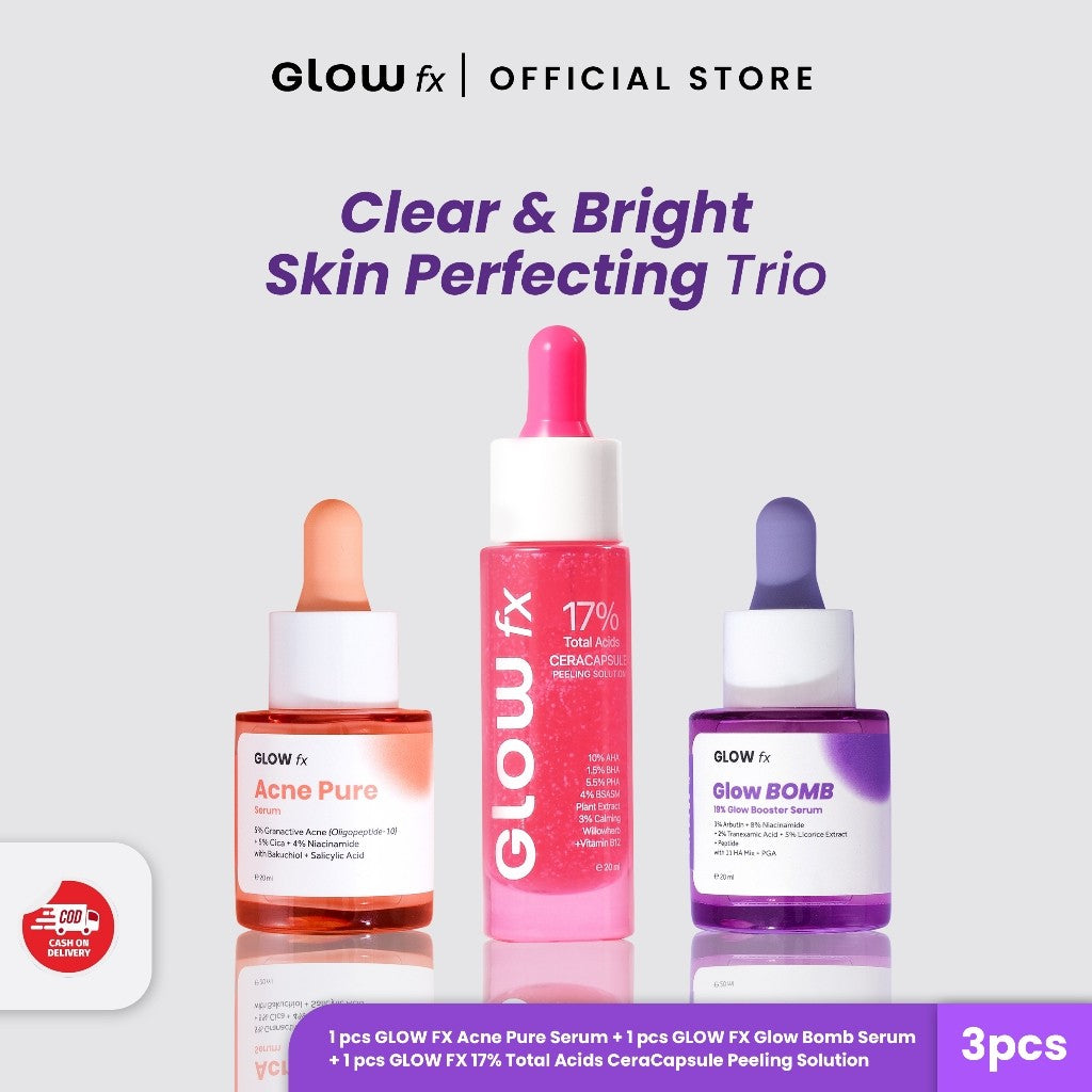 GLOW FX Clear & Bright Perfecting Trio Set - Peeling Serum + Glow Bomb Serum + Acne Pure Serum