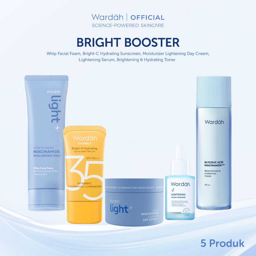 Wardah [5 pcs] Paket Skincare Solusi Masalah Kulit - Face Wash, Moisturizer, Serum, Sunscreen, & Toner (Acnederm, Cica, Panthenol, UV Shield, Amino Facial Wash, Airy, Crystal Secret, Lightening)