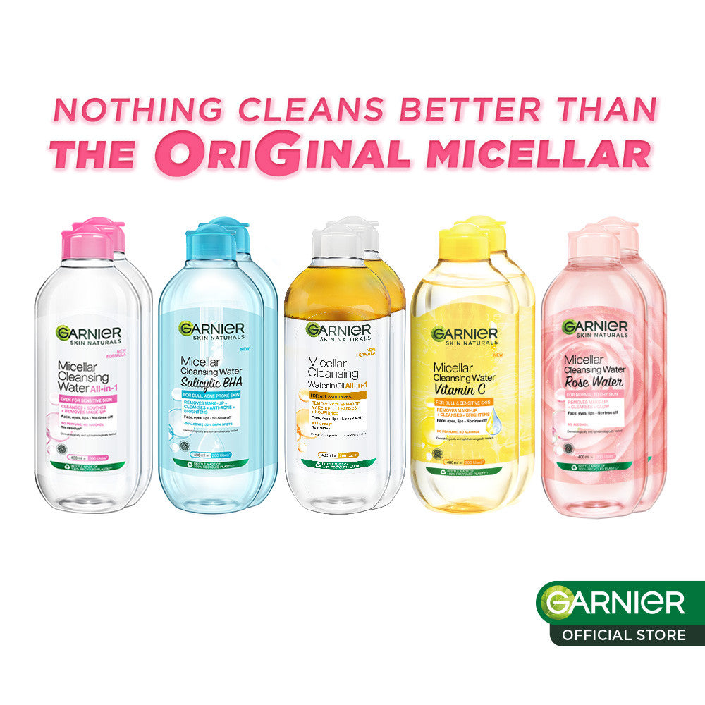 (PAKET HEMAT) Garnier Micellar x2 400ml + Bright Complete Kit - Serum 30 ml + Overnight Serum 30ml + Night Cream 50ml + Day Cream 50ml + Sunscreen