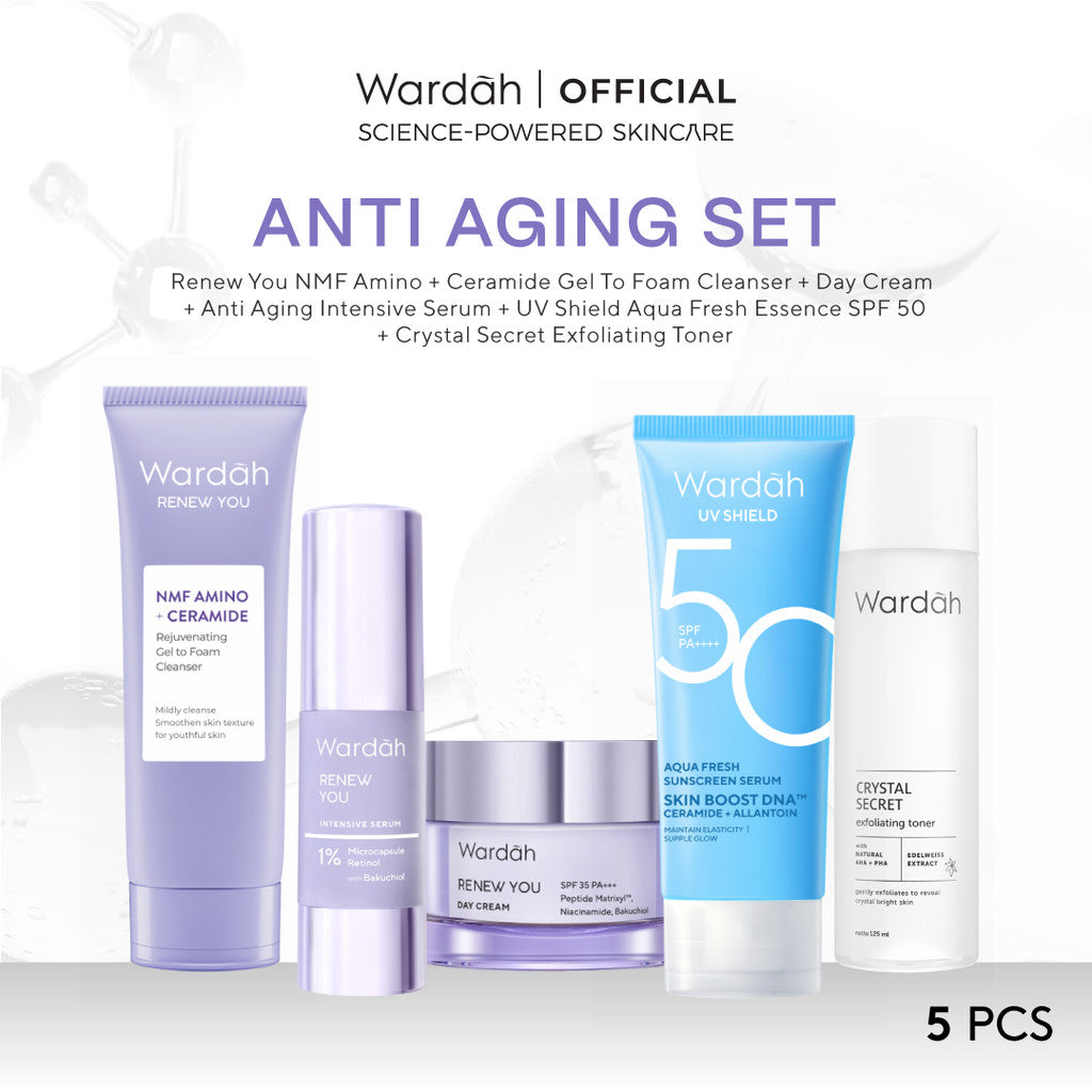 Wardah [5 pcs] Paket Skincare Solusi Masalah Kulit - Face Wash, Moisturizer, Serum, Sunscreen, & Toner (Acnederm, Cica, Panthenol, UV Shield, Amino Facial Wash, Airy, Crystal Secret, Lightening)