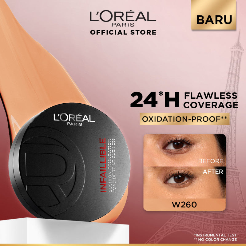 [BARU!] L'Oreal Paris Infaillible Cushion Foundation 24H - flawless coverage,  Cushion dengan hasil yang nyaman tersedia dalam 10 shades cocok untuk kulit indonesia.
