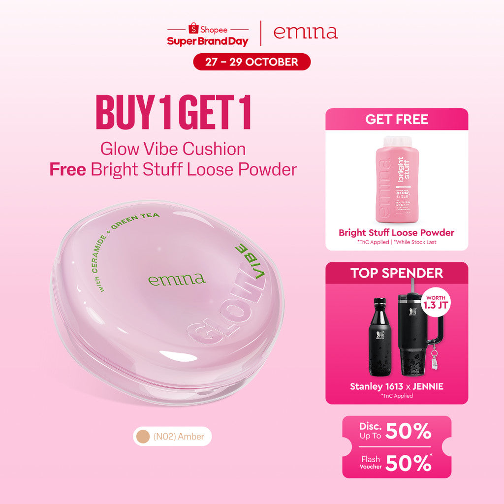 [BUY 1 GET 1] Emina Glow 3in1 Skincare Cushion SPF 50 PA++++ 13 G FREE Loose Powder | Flawless Lightweight Make Up Foundation Glowing Skin Transferproof Full High Coverage Bedak Waterproof Sweatproof Dewy Moisturizer Non-Comedogenic