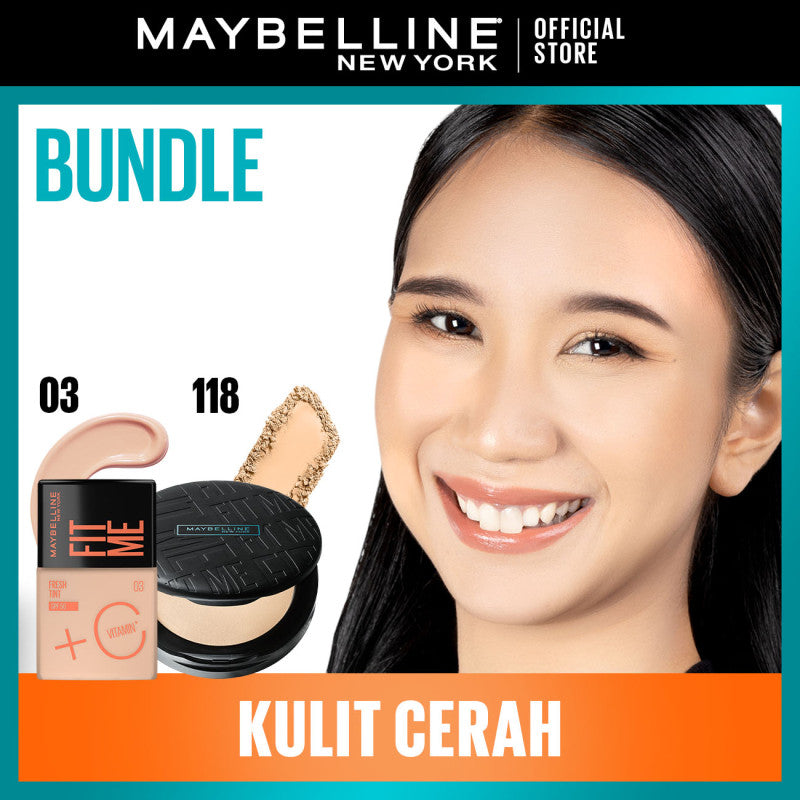 Maybelline Skin Tint Makeup Kit - FIT ME Fresh Tint + Powder | Skin Tint Foundation SPF 50 PA+++ Vitamin C Serum Face Makeup Natural Paket Makeup Bedak Sunscreen