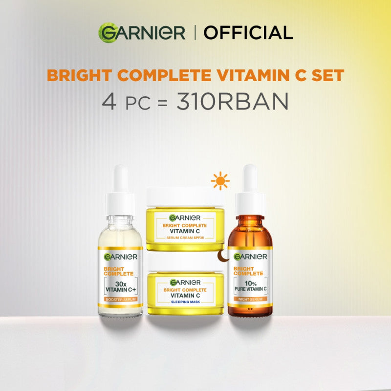 (PAKET HEMAT) Garnier Micellar x2 400ml + Bright Complete Kit - Serum 30 ml + Overnight Serum 30ml + Night Cream 50ml + Day Cream 50ml + Sunscreen