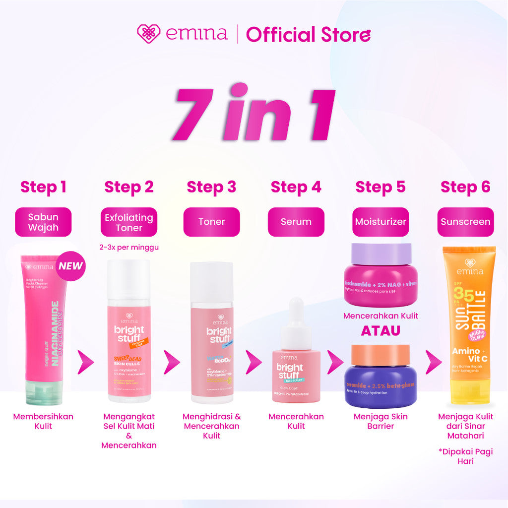 [SPECIAL 11.11] [BRIGHT GLOW SET] Emina Bundle All in 7in1 Face Wash + Exfo Toner + Toner + Serum + Moisturizer Gel + Brightening + Sunscreen Low pH Micellar Water Bright Smooth