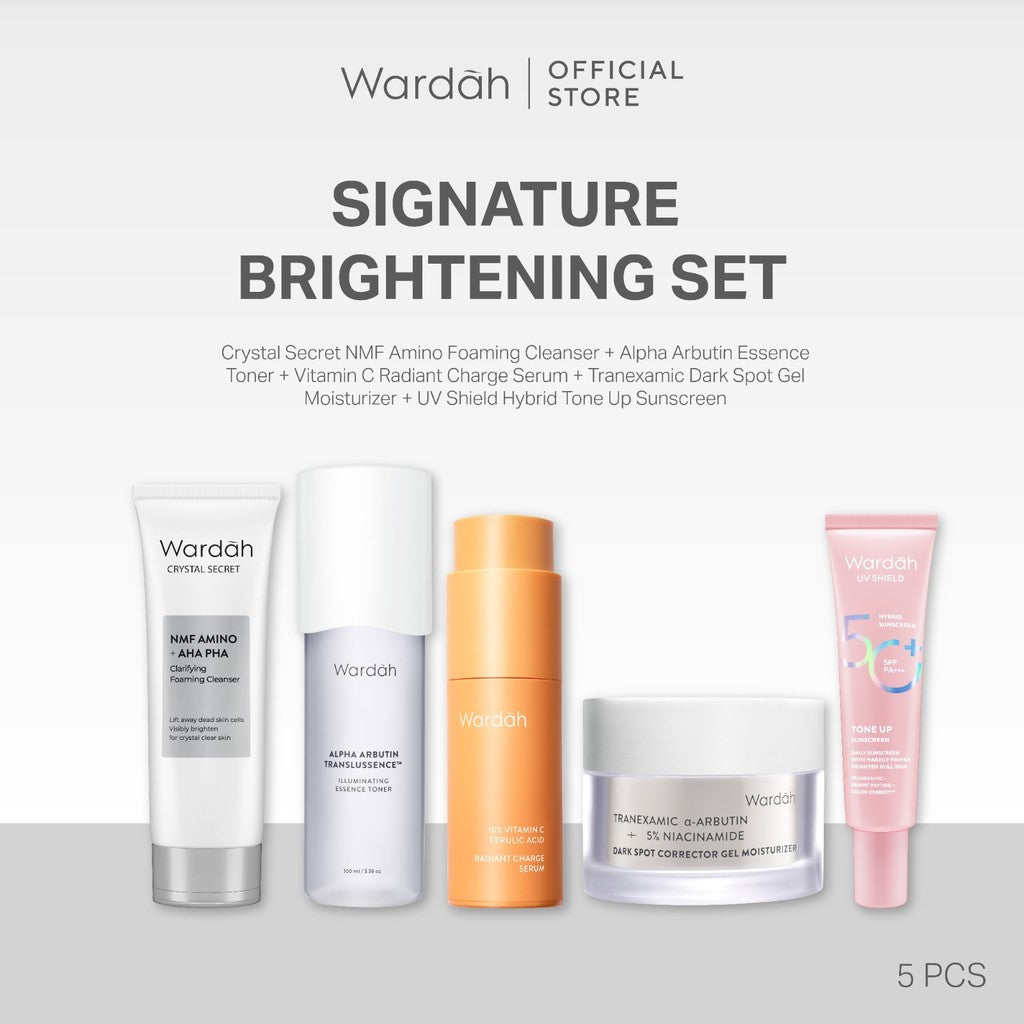 Wardah [5 pcs] Paket Skincare Solusi Masalah Kulit - Face Wash, Moisturizer, Serum, Sunscreen, & Toner (Acnederm, Cica, Panthenol, UV Shield, Amino Facial Wash, Airy, Crystal Secret, Lightening)