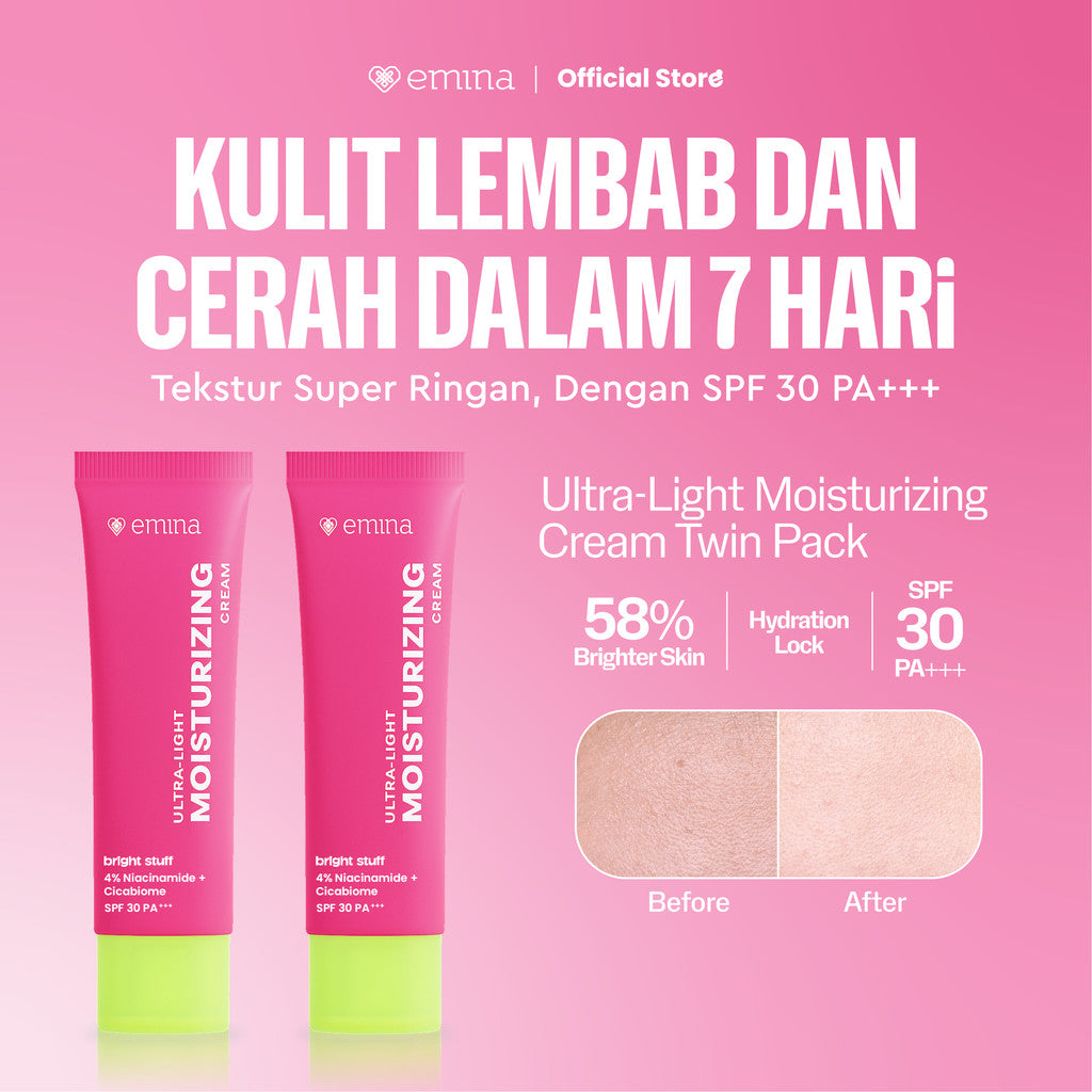 NEW! Emina Bright Stuff Ultra-Light Moisturizing Cream 20 ml - Pelembab Wajah Mencerahkan, Mengandung SPF 30 PA+++, Melindungi dari Sinar UV, Melembapkan, Cepat Meresap, Cerah Instan, Menyamarkan Noda Hitam, Cocok untuk Semua Jenis Kulit