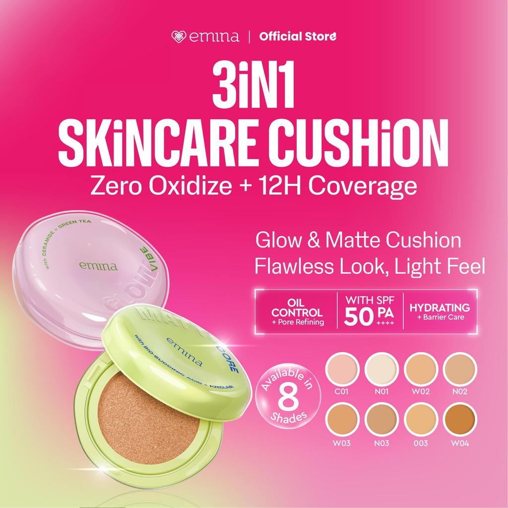 [BUY 1 GET 1] Emina Glow 3in1 Skincare Cushion SPF 50 PA++++ 13 G FREE Poppin Matte | Flawless Lightweight Make Up Foundation Glowing Skin Transferproof Full High Coverage Bedak Waterproof Sweatproof Dewy Moisturizer Non-Comedogenic