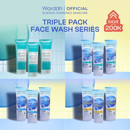 [TRIPLE PACK: LEBIH HEMAT] Wardah Face Wash All Series - Perfect Bright Oil Control, Perfect Bright Cooling Jelly, Perfect Bright Smooth Glow, Lightening Light+, Acnederm - Sabun Cuci Muka Face Wash Untuk Mencerahkan,Menghilangkan Minyak dan Bekas Jerawat