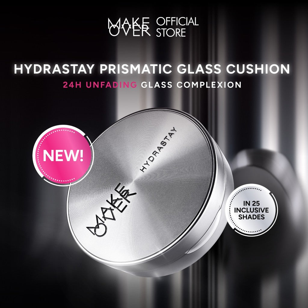 MAKE OVER Seserahan Bundle: Hydrastay Prismatic Glass Cushion + Silky Smooth Translucent Powder + Glazed Lock Lip Pigment FREE Eye Shadow Palette