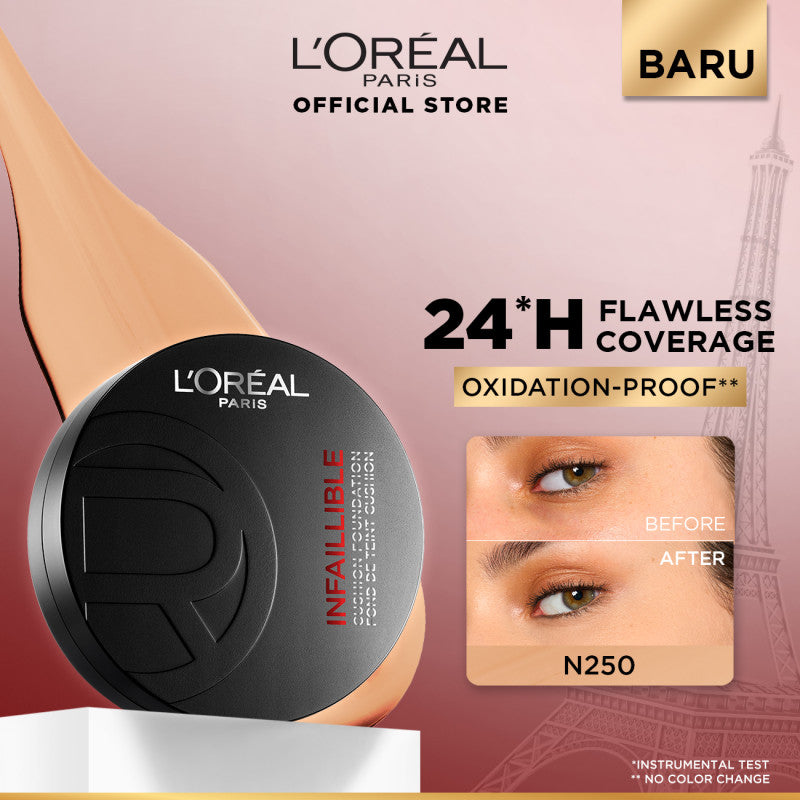 [BARU!] L'Oreal Paris Infaillible Cushion Foundation 24H - flawless coverage,  Cushion dengan hasil yang nyaman tersedia dalam 10 shades cocok untuk kulit indonesia.