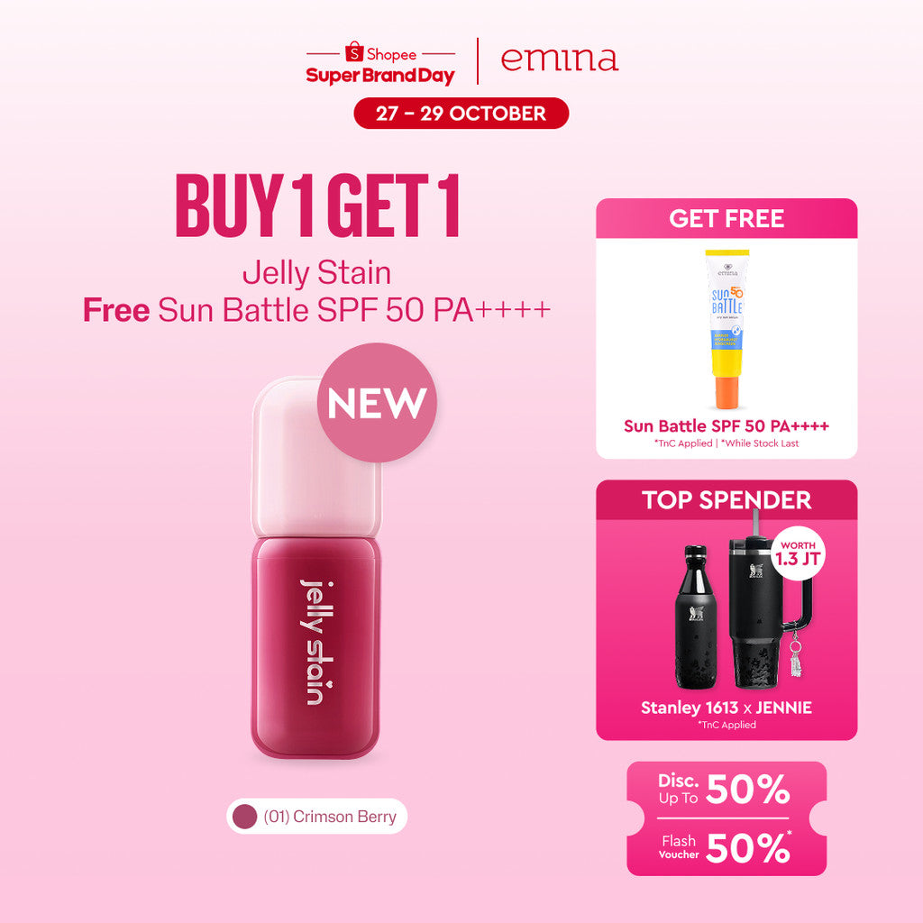 [BUY 1 GET 1] Emina Jelly Stain FREE Sunscreen - Lip Tint Korea Glossy Ombre Tahan 12 Jam Ringan Longlasting Transferproof SPF 25 Vitamin E Makeup Lip Stain Lembab Lipgloss Lip Matte Lipstick Lip Care Anak Sekolah