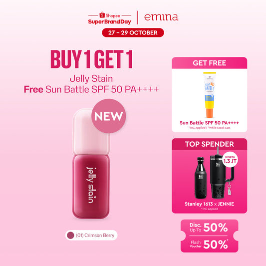 [BUY 1 GET 1] Emina Jelly Stain FREE Sunscreen - Lip Tint Korea Glossy Ombre Tahan 12 Jam Ringan Longlasting Transferproof SPF 25 Vitamin E Makeup Lip Stain Lembab Lipgloss Lip Matte Lipstick Lip Care Anak Sekolah