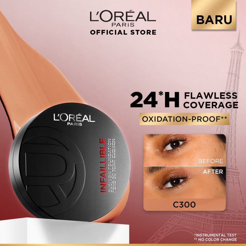 [BARU!] L'Oreal Paris Infaillible Cushion Foundation 24H - flawless coverage,  Cushion dengan hasil yang nyaman tersedia dalam 10 shades cocok untuk kulit indonesia.