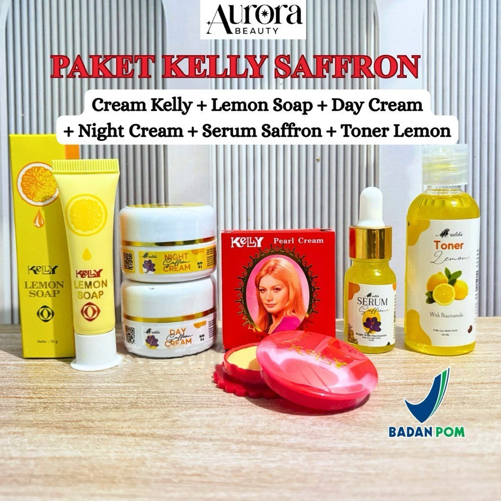 Paket Kelly 6in1 Cream 5gr Day & Night Cream Lemon Soap 15gr Serum Saffron Toner Mencerahkan Wajah
