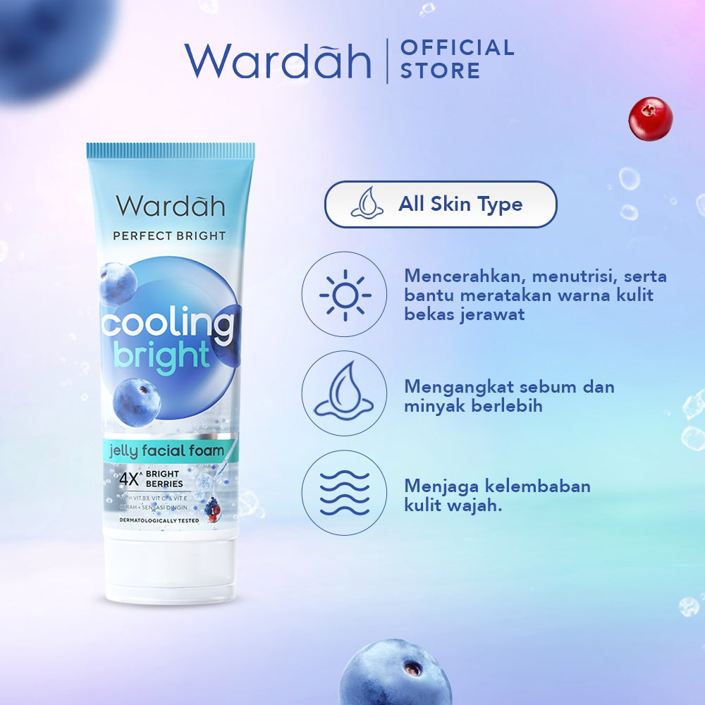 WARDAH Perfect Bright Cooling Bright Jelly Facial Foam 100 ml - Facial Wash untuk Semua Jenis Kulit - Sabun Cuci Muka dengan Sensasi Dingin untuk Mencerahkan dan Membantu Meratakan Warna - Kulit Bersih, Cerah, & Fresh - Skincare
