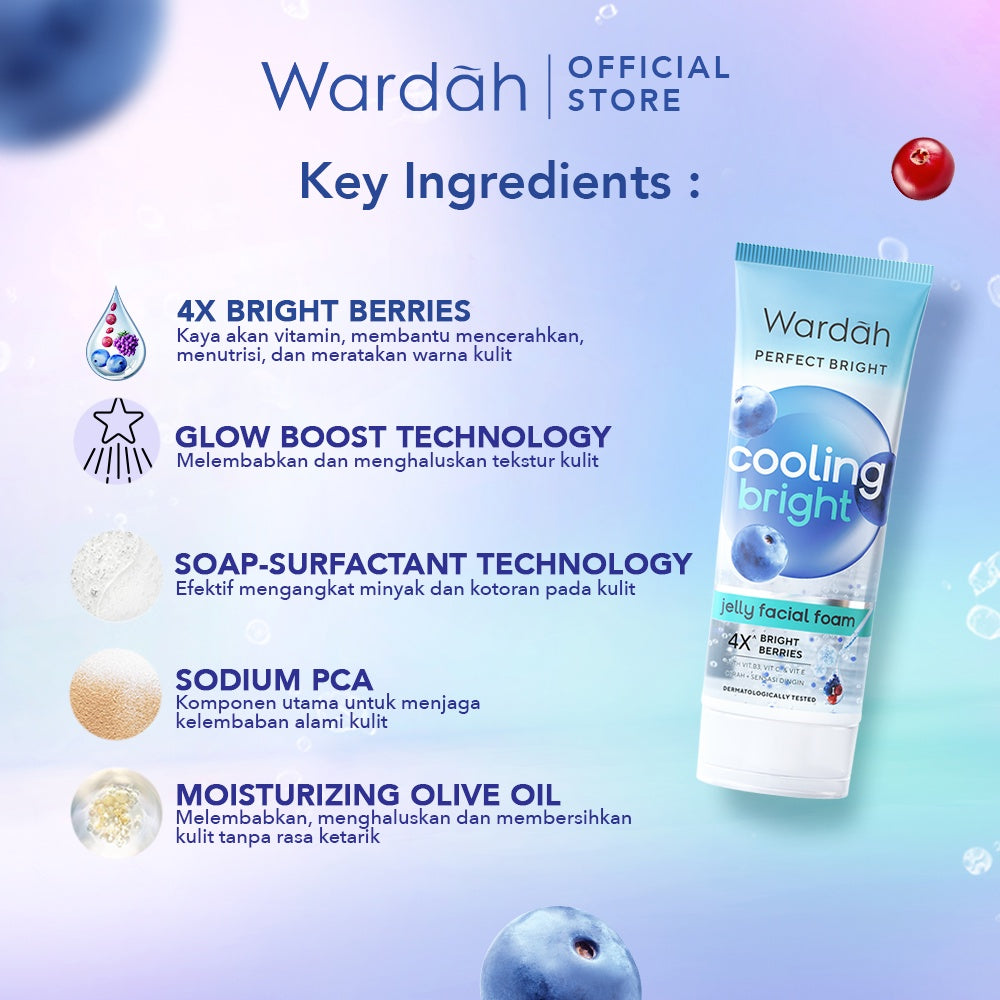 WARDAH Perfect Bright Cooling Bright Jelly Facial Foam 100 ml - Facial Wash untuk Semua Jenis Kulit - Sabun Cuci Muka dengan Sensasi Dingin untuk Mencerahkan dan Membantu Meratakan Warna - Kulit Bersih, Cerah, & Fresh - Skincare