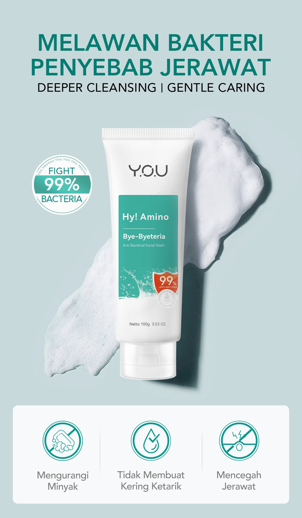 YOU Hy! Amino Bye-Byeteria Anti Bacterial Facial Wash Sabun Pembersih Wajah Hyaluronic Acid