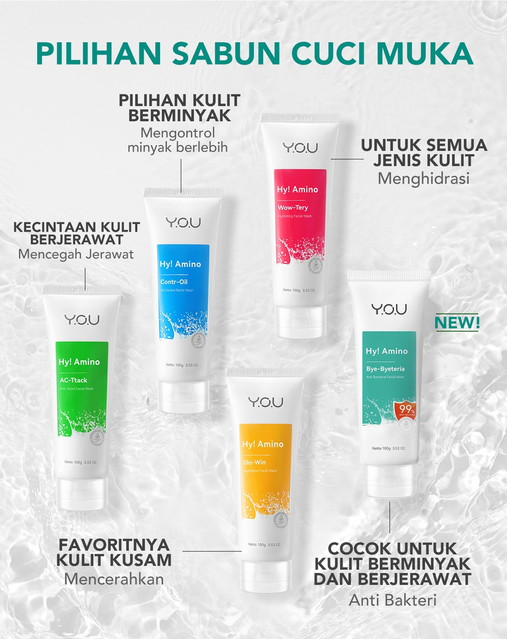 YOU Hy! Amino Bye-Byeteria Anti Bacterial Facial Wash Sabun Pembersih Wajah Hyaluronic Acid