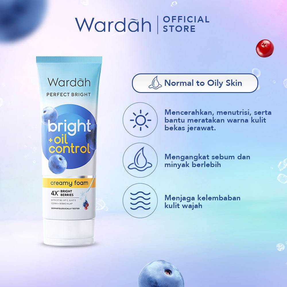 WARDAH Perfect Bright Creamy Foam Bright Oil Control Facial Wash Untuk Kulit Berminyak Mengontrol Produksi Minyak Hingga 12 Jam dan Membersihkan Kulit Tanpa Rasa Ketarik Cerah Sehat Bebas Kilap - Skincare