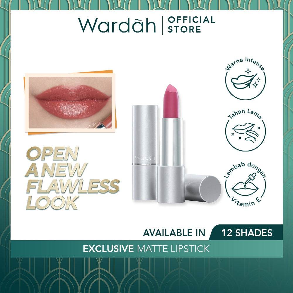 WARDAH Exclusive Matte Lipstick - Warna Intense dalam Sekali Oles - Pigmented Tahan Lama dengan Hasil Akhir Soft Matte - Lembab dengan Vitamin E - Makeup