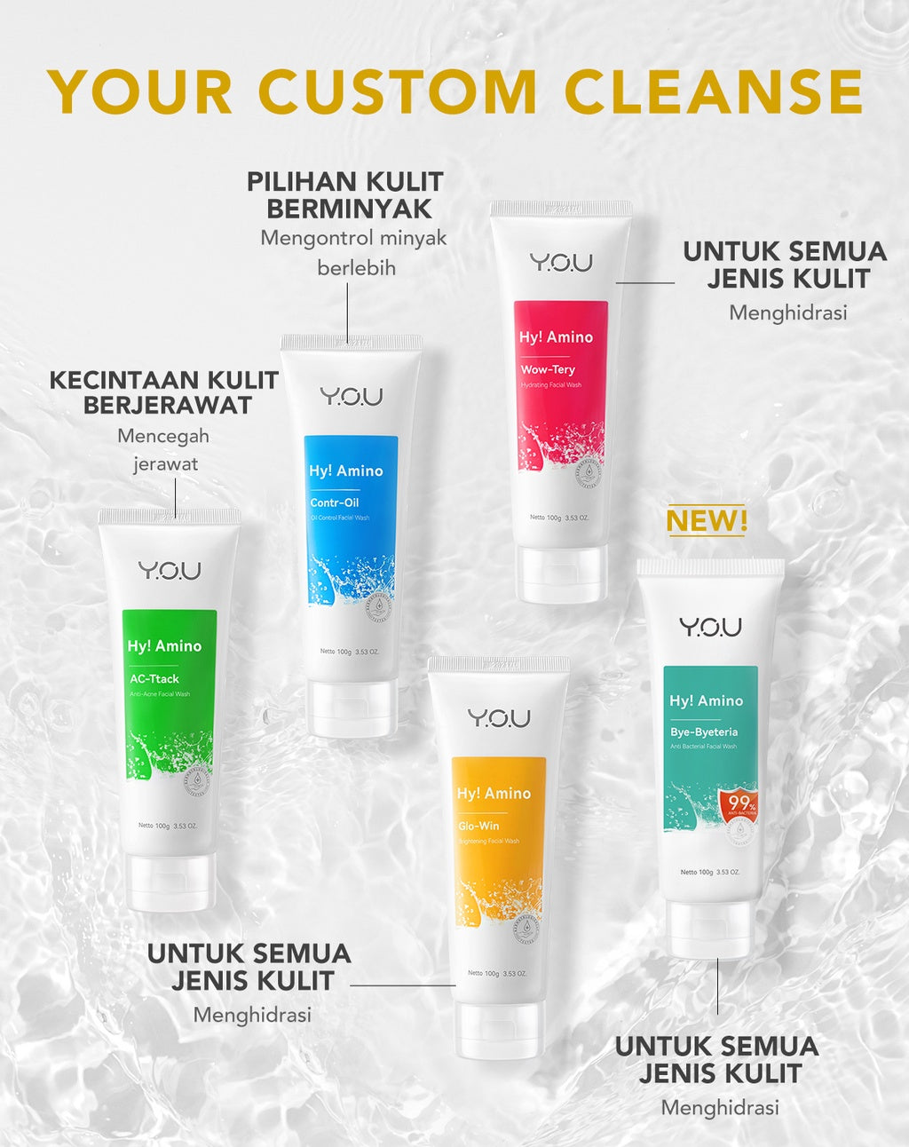 YOU Hy! Amino Facial Wash 50g Anti Acne, Hydrating, Brightening, Oil Control Sabun Cuci Muka