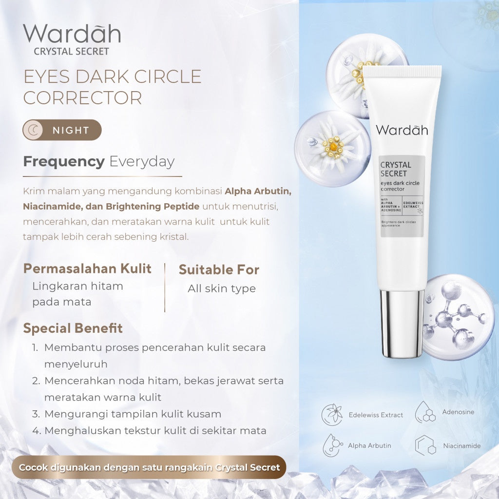 WARDAH Crystal Secret Eyes Dark Circle Corrector 10 ml - Krim Bawah Mata Untuk Mencerahkan - Dilengkapi dengan Alpha Arbutin dan Niacinamide - Menghaluskan Tekstur Kulit - Skincare