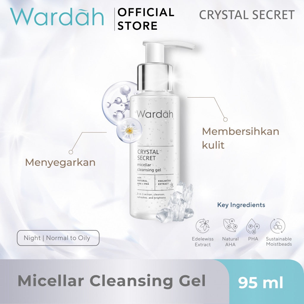 WARDAH Crystal Secret Micellar Cleansing Gel 95 ml - Micellar untuk kulit berminyak - Pembersih Muka dengan Extract Edelweiss - Mencerahkan dan Menyamarkan Flek Hitam - Skincare