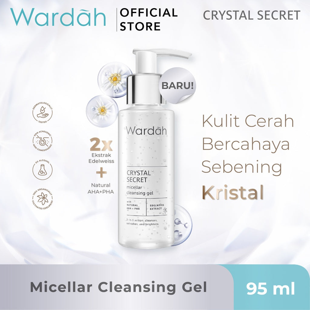 WARDAH Crystal Secret Micellar Cleansing Gel 95 ml - Micellar untuk kulit berminyak - Pembersih Muka dengan Extract Edelweiss - Mencerahkan dan Menyamarkan Flek Hitam - Skincare