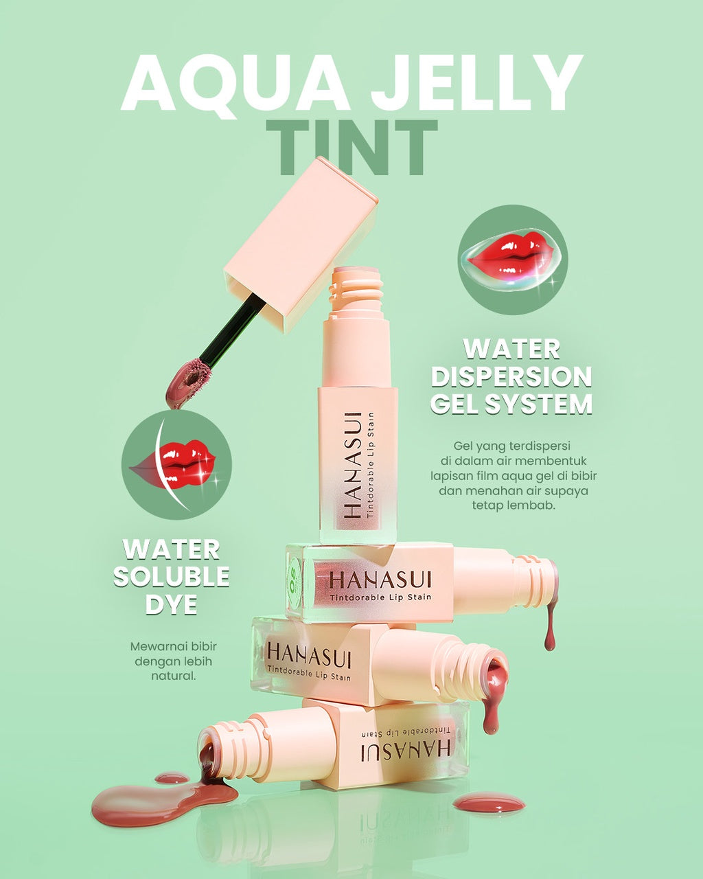 Hanasui Tintdorable Lip Stain - Lip Tint Melembapkan Transferproof Tahan Lama Natural Formula Ringan