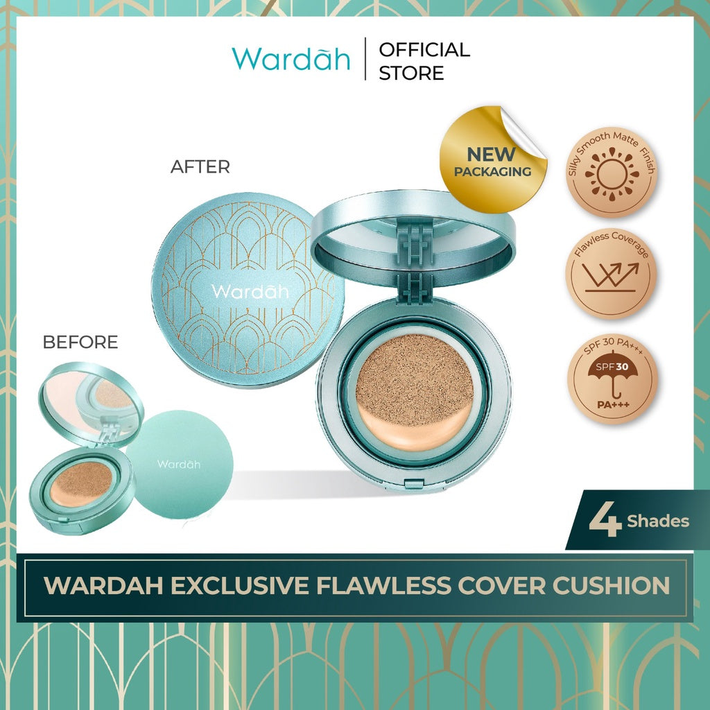WARDAH Exclusive Flawless Cover Cushion - Alas Bedak dengan Hasil Matte Flawless dan Tahan Lama Hingga 10 Jam - Dilengkapi SPF 30 PA+++ - Dapat Menutupi Bekas Jerawat - Makeup