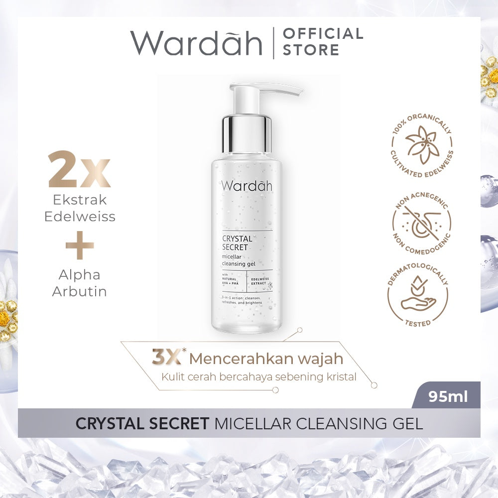 WARDAH Crystal Secret Micellar Cleansing Gel 95 ml - Micellar untuk kulit berminyak - Pembersih Muka dengan Extract Edelweiss - Mencerahkan dan Menyamarkan Flek Hitam - Skincare