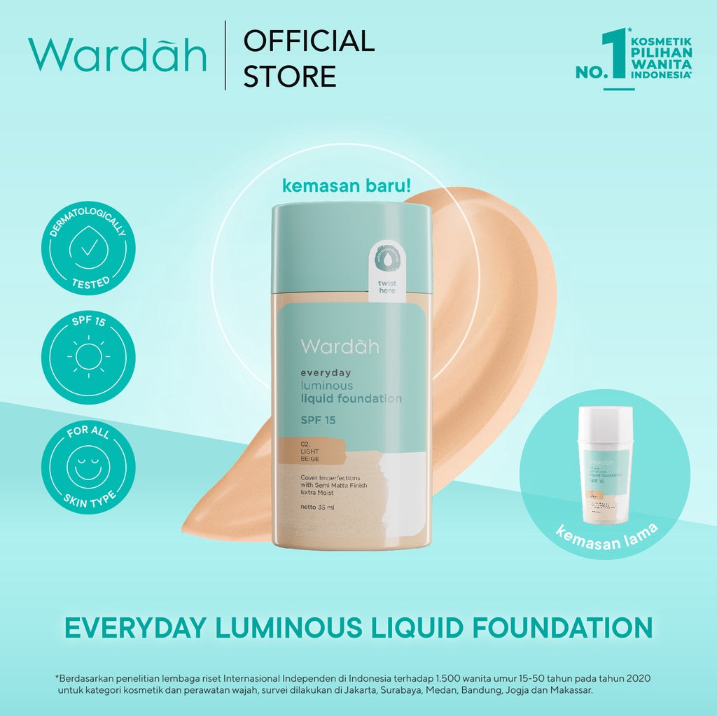 WARDAH Everyday Luminous Liquid Foundation - Alas Bedak Cair Dengan Hasil Matte Natural dan Mengandung SPF 15 - Melembabkan dan Nyaman Digunakan - Makeup