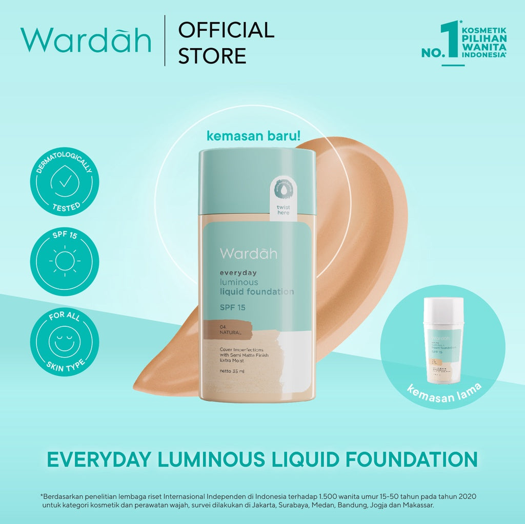 WARDAH Everyday Luminous Liquid Foundation - Alas Bedak Cair Dengan Hasil Matte Natural dan Mengandung SPF 15 - Melembabkan dan Nyaman Digunakan - Makeup