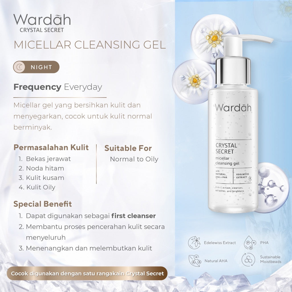 WARDAH Crystal Secret Micellar Cleansing Gel 95 ml - Micellar untuk kulit berminyak - Pembersih Muka dengan Extract Edelweiss - Mencerahkan dan Menyamarkan Flek Hitam - Skincare