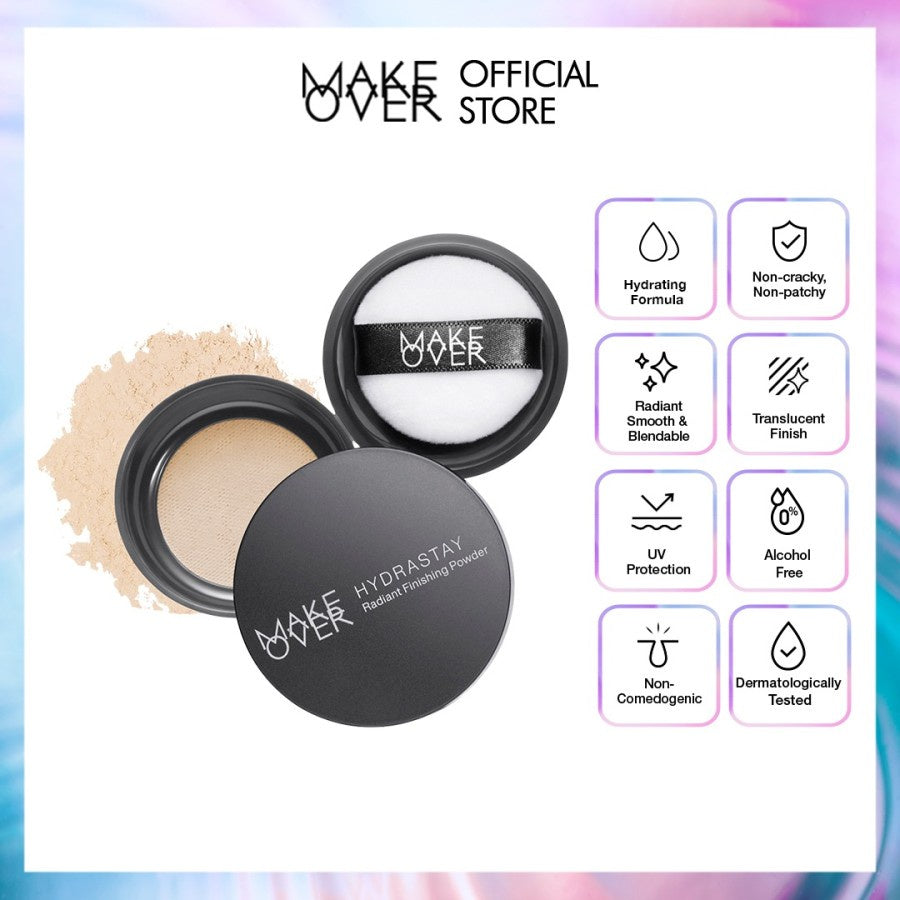 MAKE OVER Hydrastay Radiant Finishing Powder - Bedak tabur lembut ringan make up tahan lama hasil akhir glow hydrating tidak kering non-comedogenic