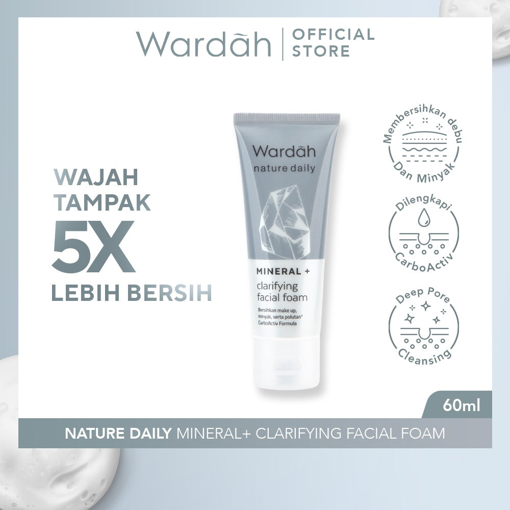 WARDAH Nature Daily Mineral+ Clarifying Facial Foam - Facial Wash Untuk Membersihkan Debu dan Minyak - Dilengkapi CarboActiv - Mengurangi Pertumbuhan Jerawat - Skincare