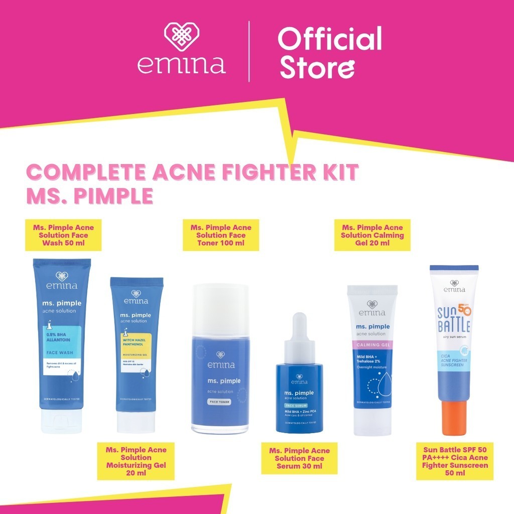 COMPLETE ACNE FIGHTER KIT MS.PIMPLE face wash, moisturizer, face toner, face serum, calming gel, sunscreen spf 50 cica acne