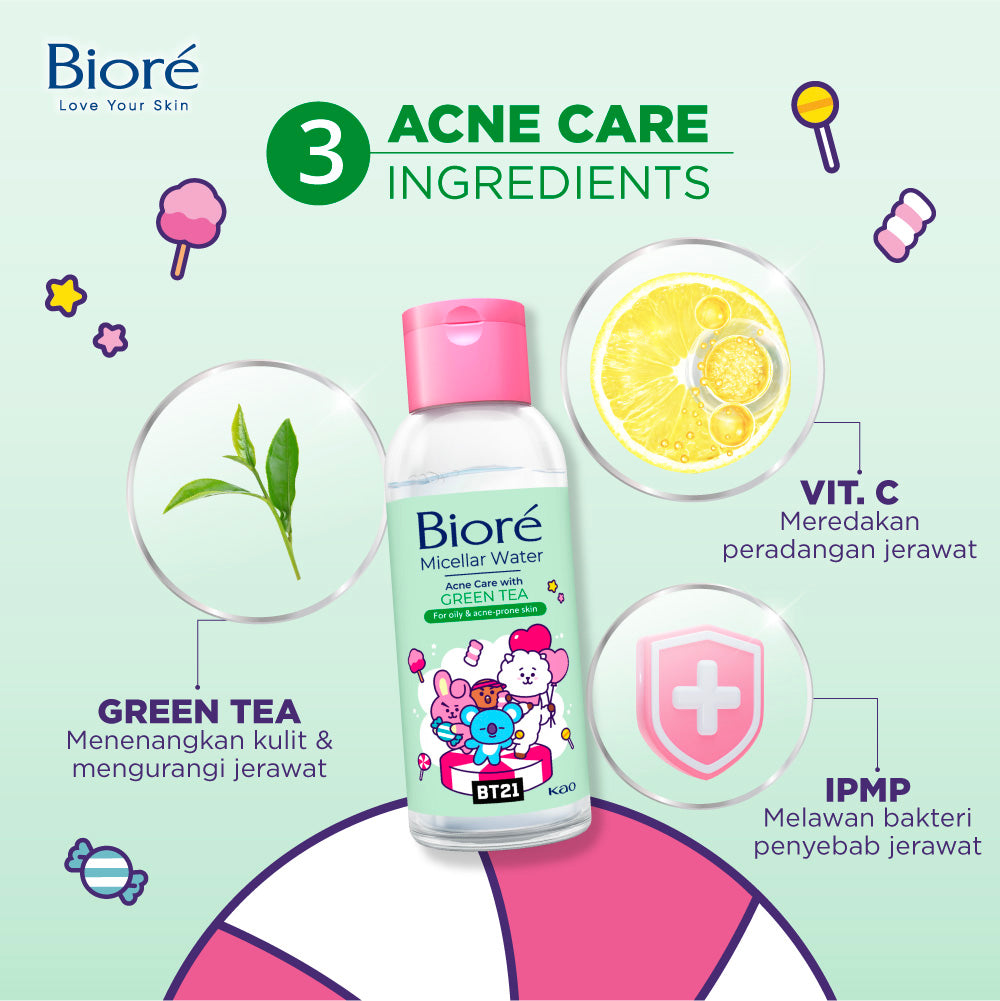 BT21 Special Edition BIORE Micellar Water Pembersih Wajah Acne Care Green Tea 90 ml For Oily & Acne-prone Skin Makeup Remover