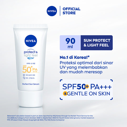 NIVEA SUN Sunscreen Face Serum Protect & Light Feel SPF50+ PA+++ 90ml - Sunscreen wajah serum sunblock korea sunranghaeyo cocok untuk kulit sensitif SPF UV harian lightweight gel tekstur ringan cepat meresap tidak lengket no whitecast - No 1 Korea