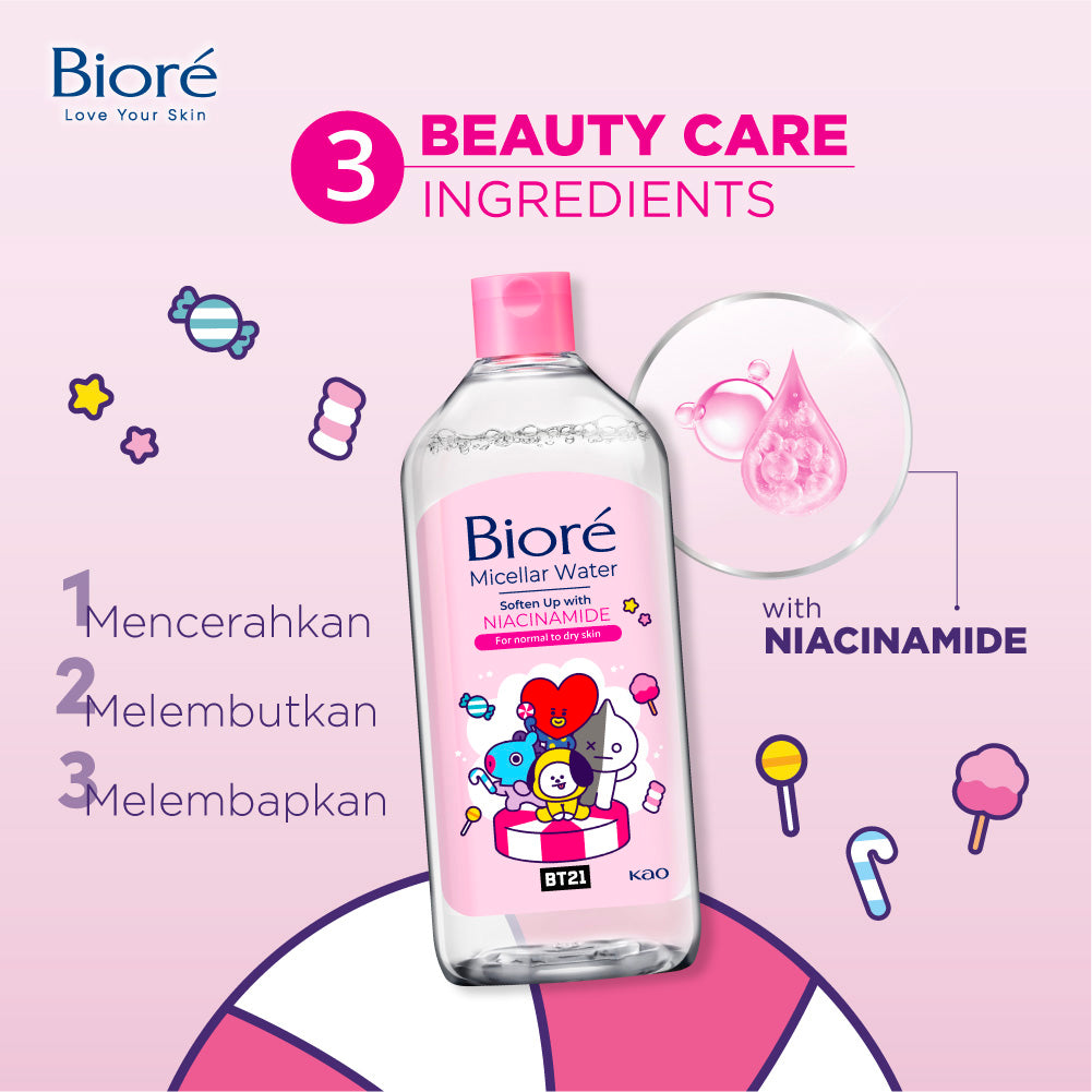 BT21 Special Edition BIORE Micellar Water Pembersih Wajah Soften Up Niacinamide 400 ml for Normal - Dry Skin Makeup Remover